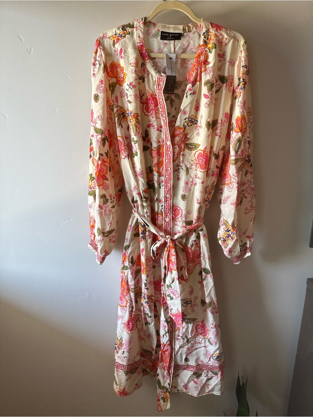 Lane Bryant Cream Floral Tie-Front Midi Dress with Pink and Orange Blooms